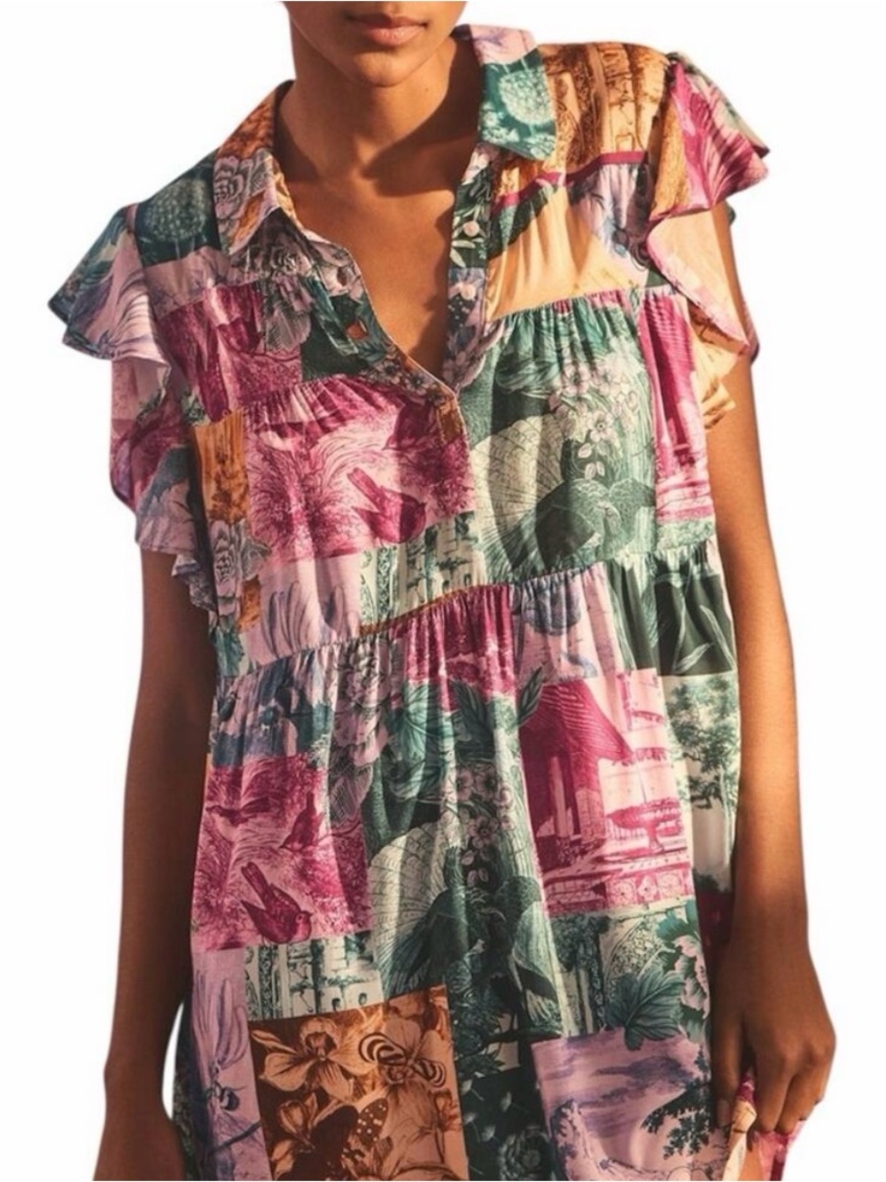 Anthropologie Flutter Sleeve Dress Medium Boho Floral Patchwork Babydoll Mini